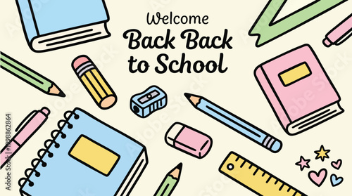 Welcome Back to School Vector Illustration, Doodle Stationery Supplies Flat Banner