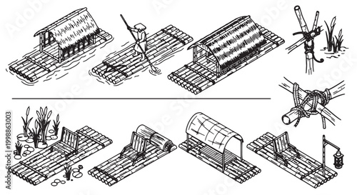 Farm, rural landscape, vector icons, 8 buildings, black and white illustrations, agricultural architecture