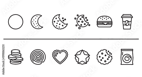 Food icons, line art illustrations, 10 symbol set, black and white, cookie, burger, coffee cup