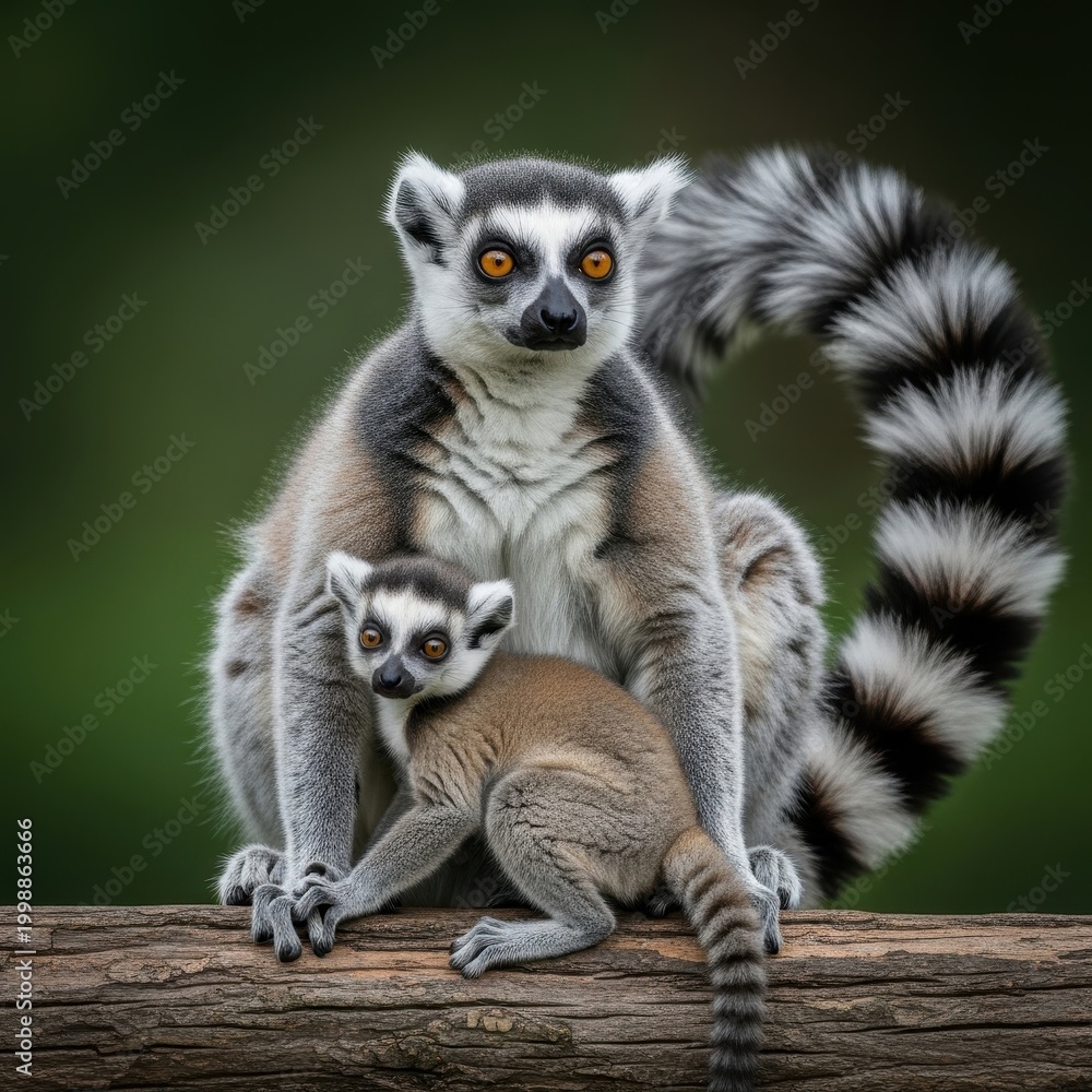 Fototapeta premium Ring-tailed Lemur Mother and Baby Resting Together.