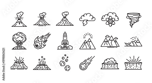 Volcano, eruption, disaster icons, 20 black line art symbols