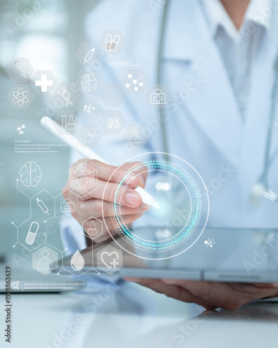 Medical technology or telehealth or telemedicine concept. Medicine Doctor or Physician are Health Check with digital system support for patient with medical icon.