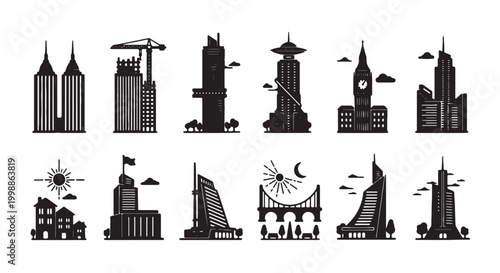 Modern city skyline icons set, black silhouette skyscraper and urban building vector collection, 12 architectural landmarks and construction elements