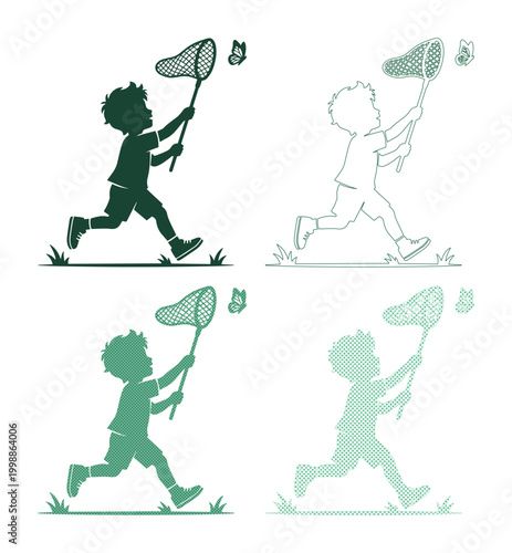 Child butterfly catcher silhouette, a playful boy chasing a butterfly with a net, vector graphic illustration set for nature and childhood themes isolated on White Background