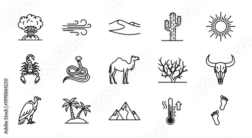 Desert landscape line icon set, 15 black outline vector elements of arid nature, wild west and dry climate symbols for web design
