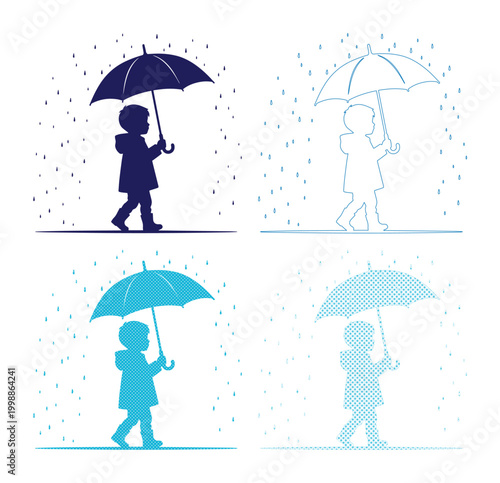 Child with Umbrella Vector Set, Four Stylized Silhouettes of a Kid Walking in Rain, Weather-Themed Graphic Resource for Kids' Designs isolated on White Background