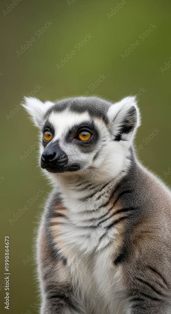 Fototapeta premium Ring-tailed Lemur Portrait Against a Green Background.