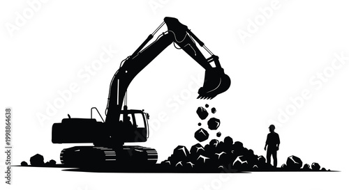 excavator digging rocks with construction worker black silhouette high quality professional detailed modern elegant stylish clean crisp vibrant colorful
