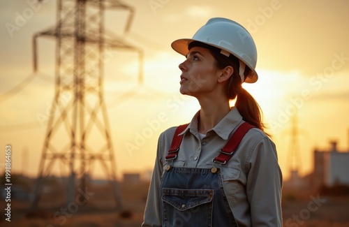 Woman worker with hard hat looks up at sunset near power lines. She wears denim overalls, stands in industrial area, ready for her next job assignment.
