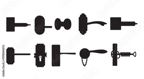 Vintage door handle silhouettes, set of 10 antique doorknob icons. Classic hardware lever and knob collection. Black architectural door fittings.