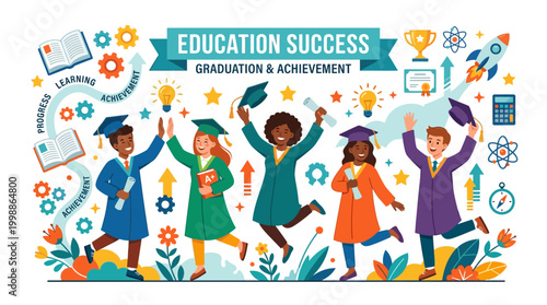 Students celebrate education success with graduation achievement on white background