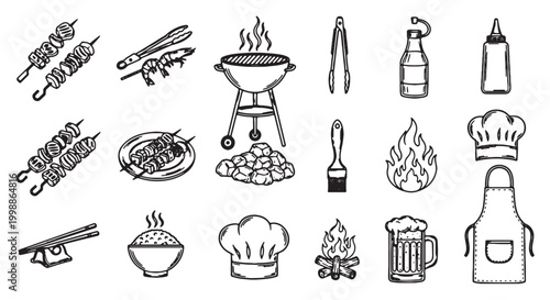 Barbecue grill and picnic icons set, hand drawn BBQ party elements in sketch style, black and white outdoor cooking vector illustrations
