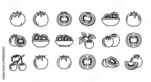 Tomato line icon set, 18 outline vector elements of fresh organic vegetables, sliced tomatoes and cherry tomato clusters for food packaging