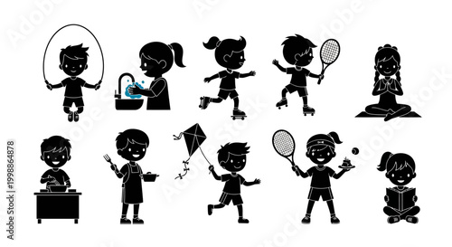 Kids Activities Silhouette Set: Playing, Sports, and Daily Routines