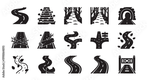 Road and highway icon set, 15 black solid vector elements of winding paths and forest trails, asphalt street navigation and travel symbols