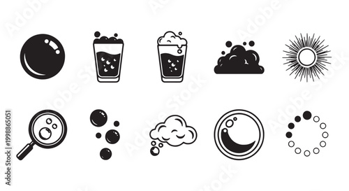 Minimalist bubble icons set, black and white soap foam symbols, 10 vector elements for cleaning and beverage branding, liquid carbonation graphics
