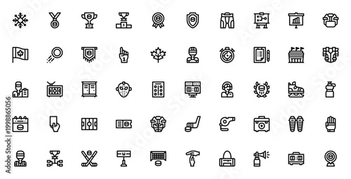 Hockey icon set. Vector sports collection featuring ice skate, puck, helmet, stick, trophy, stadium, player, referee, medal, and more. Editable thin line icons.