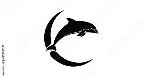Dolphin silhouette leaps through a stylized crescent moon shape in minimalist art.