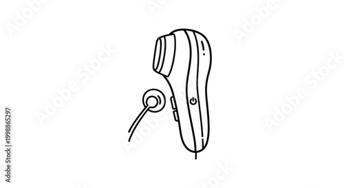 Handheld electric facial cleansing brush with charging cable, line art drawing