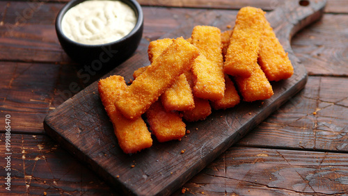 Fotografía pile of golden fried fish fingers with white garlic sauce placed on chopping boa