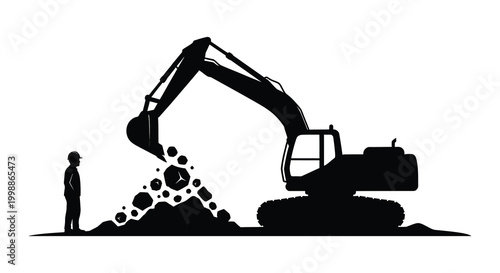 Excavator and construction worker silhouette with pile of rocks and dirt black and white high quality professional detailed modern