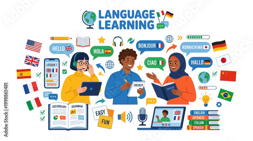 People learn languages online with digital devices and flags surrounding them