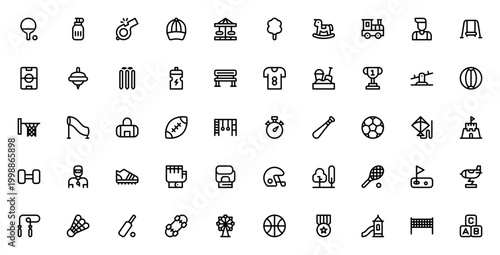 Playground icon set. Sports and activity vector icons. Includes ping pong, baseball cap, swing, soccer ball, basketball, skateboard, carousel, seesaw and more. Editable thin line.