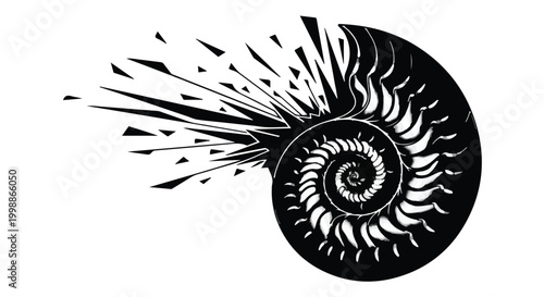 Ammonite fossil illustration depicts a prehistoric shell shattering into fragments.