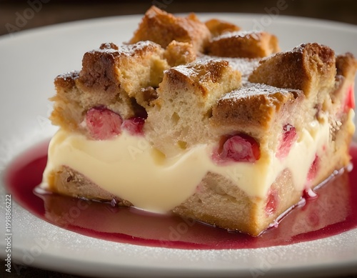 rhubarb bread pudding on a plate
