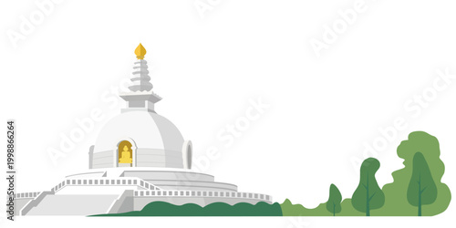 Minimalist White Buddhist Pagoda Stupa with Nature Green Trees Flat Vector Illustration