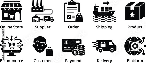 E commerce icons set for online store, supplier, shipping, payment, and delivery