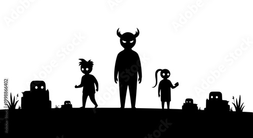 Spooky Silhouette Illustration of Creepy Children and Monsters with Glowing Eyes