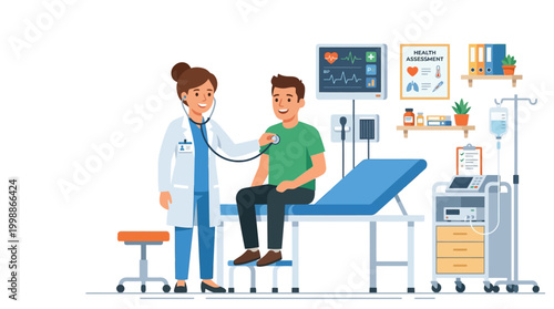 Doctor examines patient in hospital room with medical equipment and furniture nearby