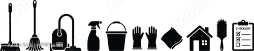 black and white cleaning tools icon set