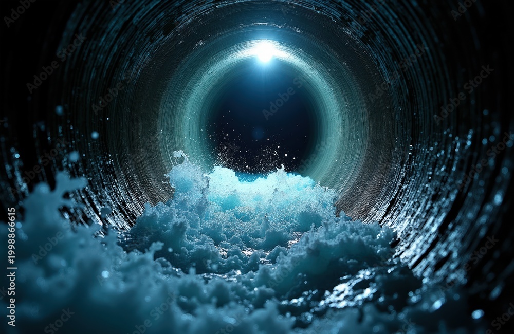 Obraz premium Water rushes turbulently through a dark industrial pipeline. Bright light shines at the end of the tunnel. The fluid motion creates dynamic splashes and waves.