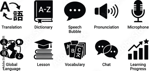 Language learning icons set, education symbols