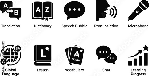 Language learning icons set, education symbols