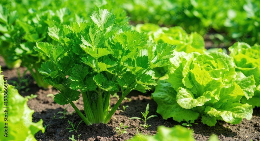 Fototapeta premium Fresh celery and lettuce plants flourishing in a garden bed, side-by-side