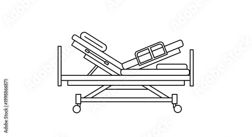 Adjustable Hospital Bed with Wheels, Medical Equipment Line Art Icon