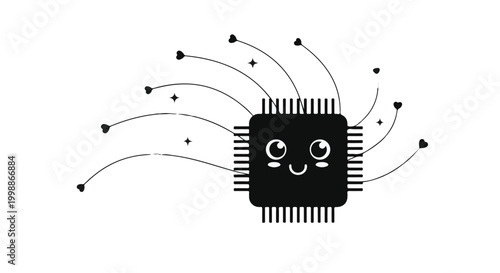 Microchip character smiles while emitting digital signals in a friendly technology.