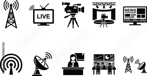 black icons of broadcasting and media symbols