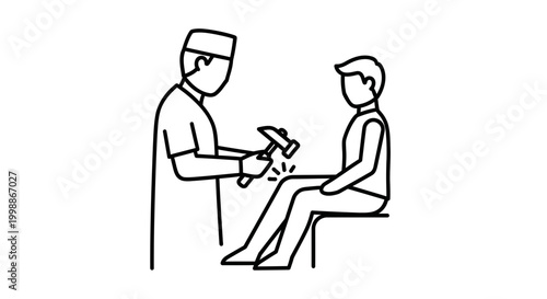 Doctor testing patient's knee reflex with reflex hammer, medical examination icon
