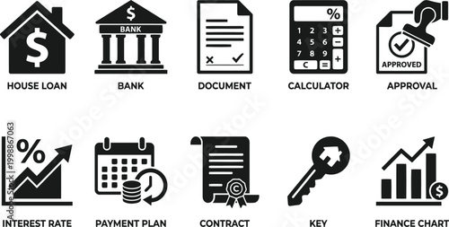 black and white icons set for finance and real estate