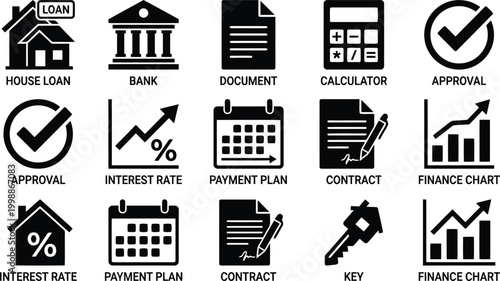 black and white icons set for finance and banking concepts