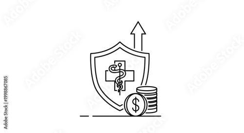 Health Insurance Cost Increase Concept: Shield with Medical Cross, Rising Arrow, and Coins