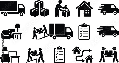 moving, delivery, and transportation icons set