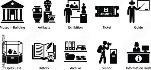 museum icons set, black and white, vector illustrations