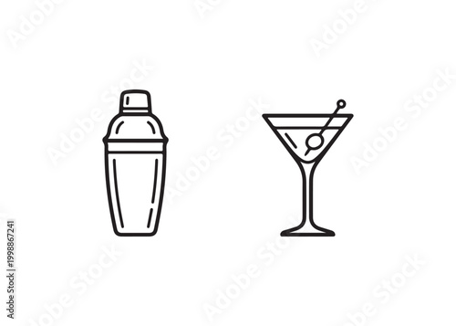 Cocktail shaker and martini glass with olive isolated on white background