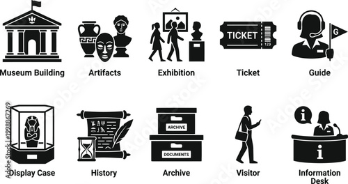 museum icons set, black and white, vector illustrations