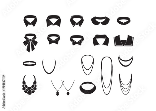 Collection of various necklaces and collars in black silhouette on white background